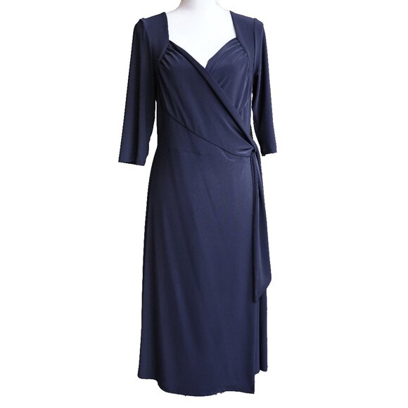 Kiyonna Blue Wrap Dress Navy Bridesmaid A Line Sweetheart Fit Flare Essential - Picture 1 of 11